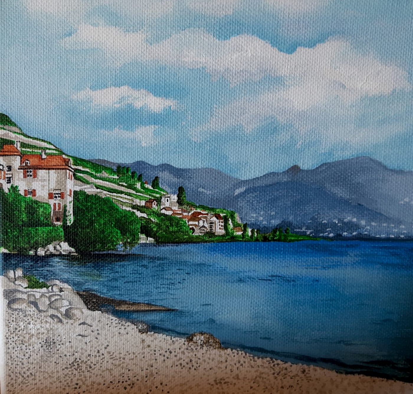Aquarelle, le lac et le village, aquarelle sur papier, par Laure C.