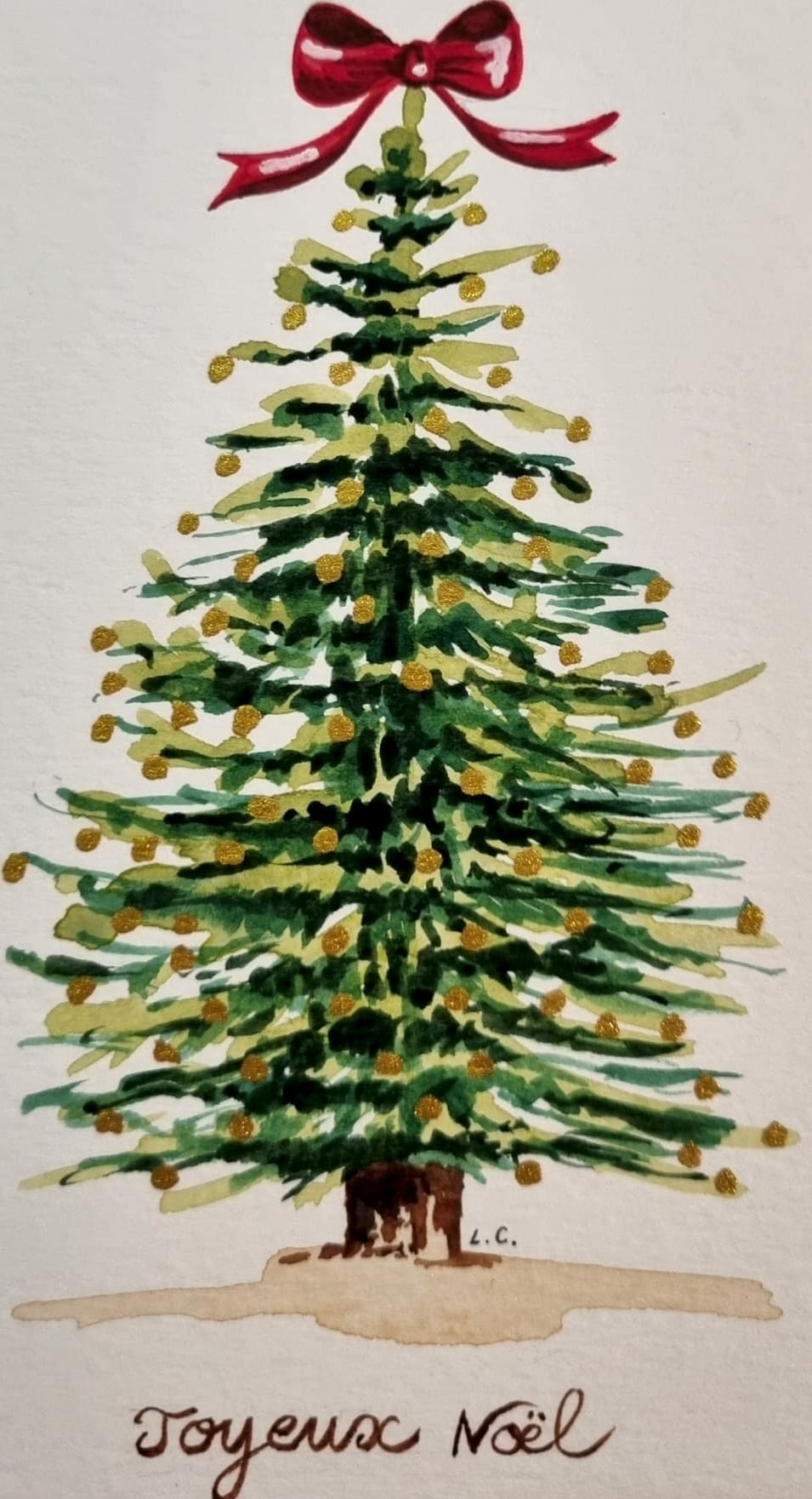 Carte Joyeux Noël, le sapin, aquarelle et calligraphie sur papier, par Laure C.