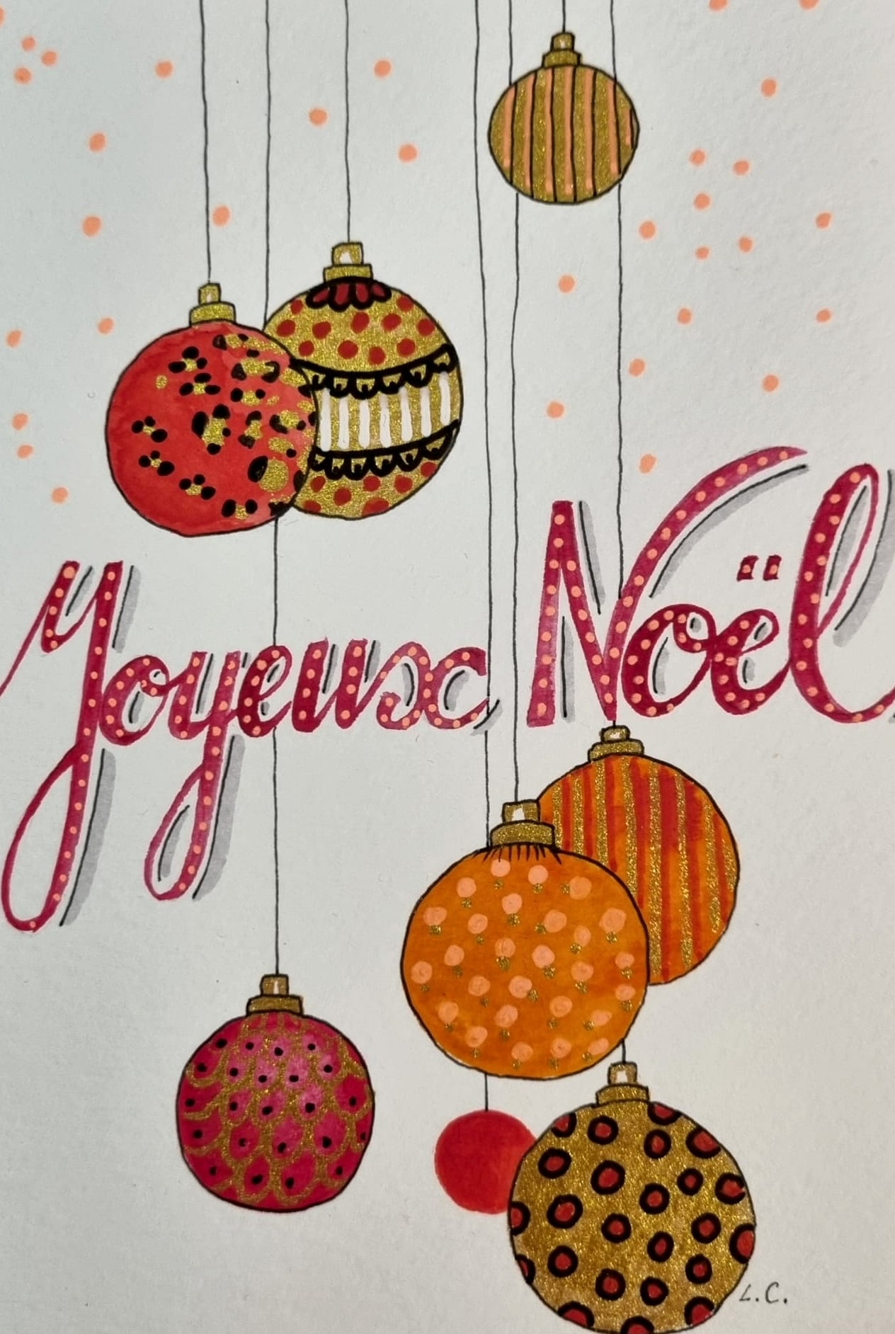 Carte Joyeux Noël, les boules suspendues, aquarelle et calligraphie sur papier, par Laure C.