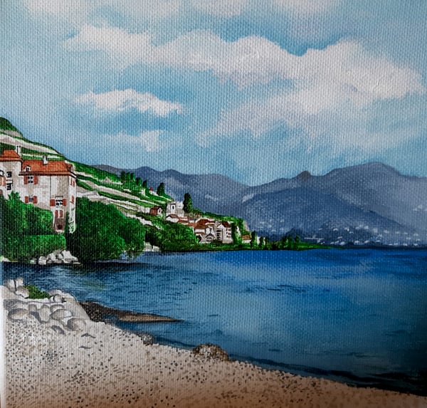 Aquarelle, le lac et le village, aquarelle sur papier, par Laure C.