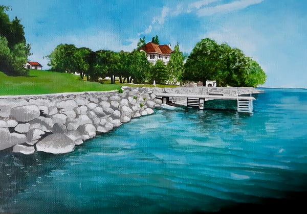 Aquarelle, le ponton sur le lac, aquarelle sur papier, par Laure C.
