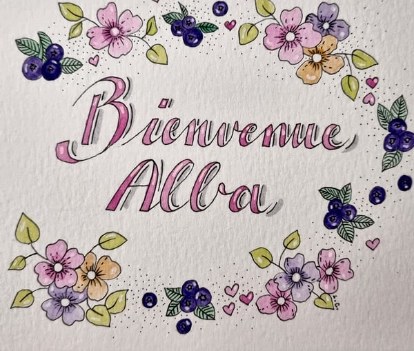 Carte de bienvenue, prénom calligraphié, aquarelle et calligraphie sur papier, par Laure C.