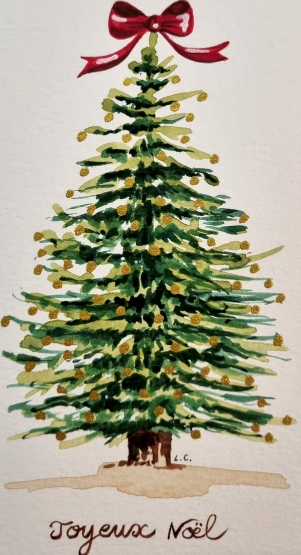 Carte Joyeux Noël, le sapin, aquarelle et calligraphie sur papier, par Laure C.