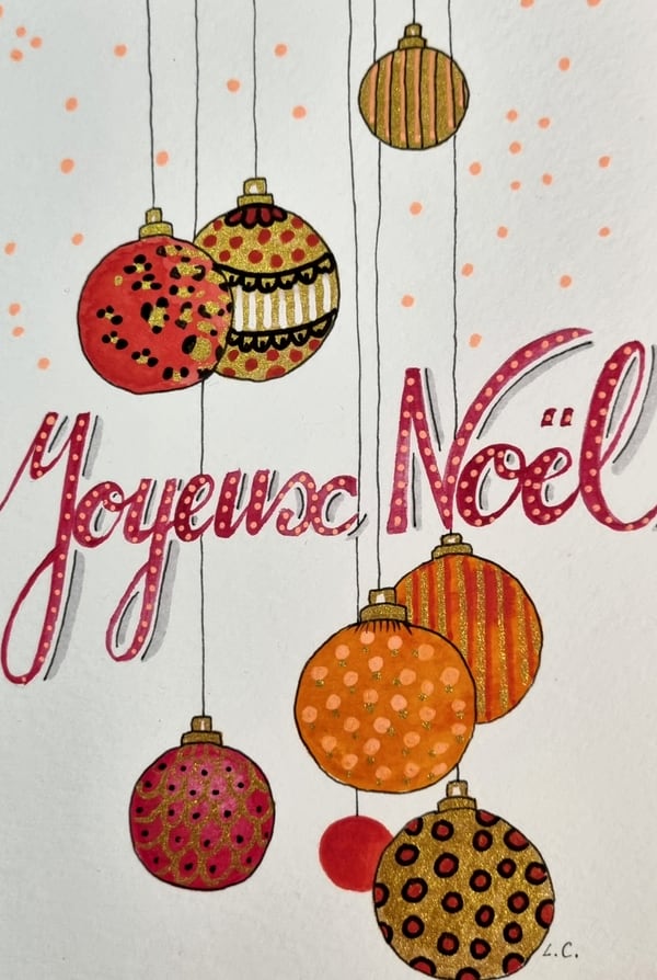 Carte Joyeux Noël, les boules suspendues, aquarelle et calligraphie sur papier, par Laure C.
