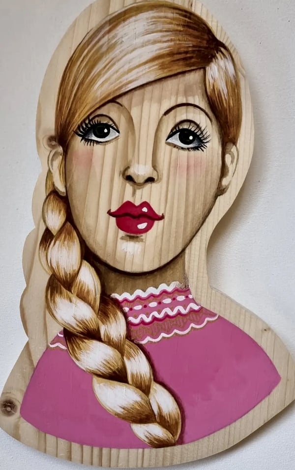 Portrait sur bois n° 14, bois découpé et peint à la main, par Laure C.